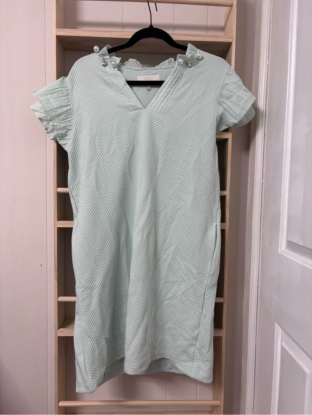 Simply Southern Mint Textured V-Neck Dress with Pearl Shoulder Accents
